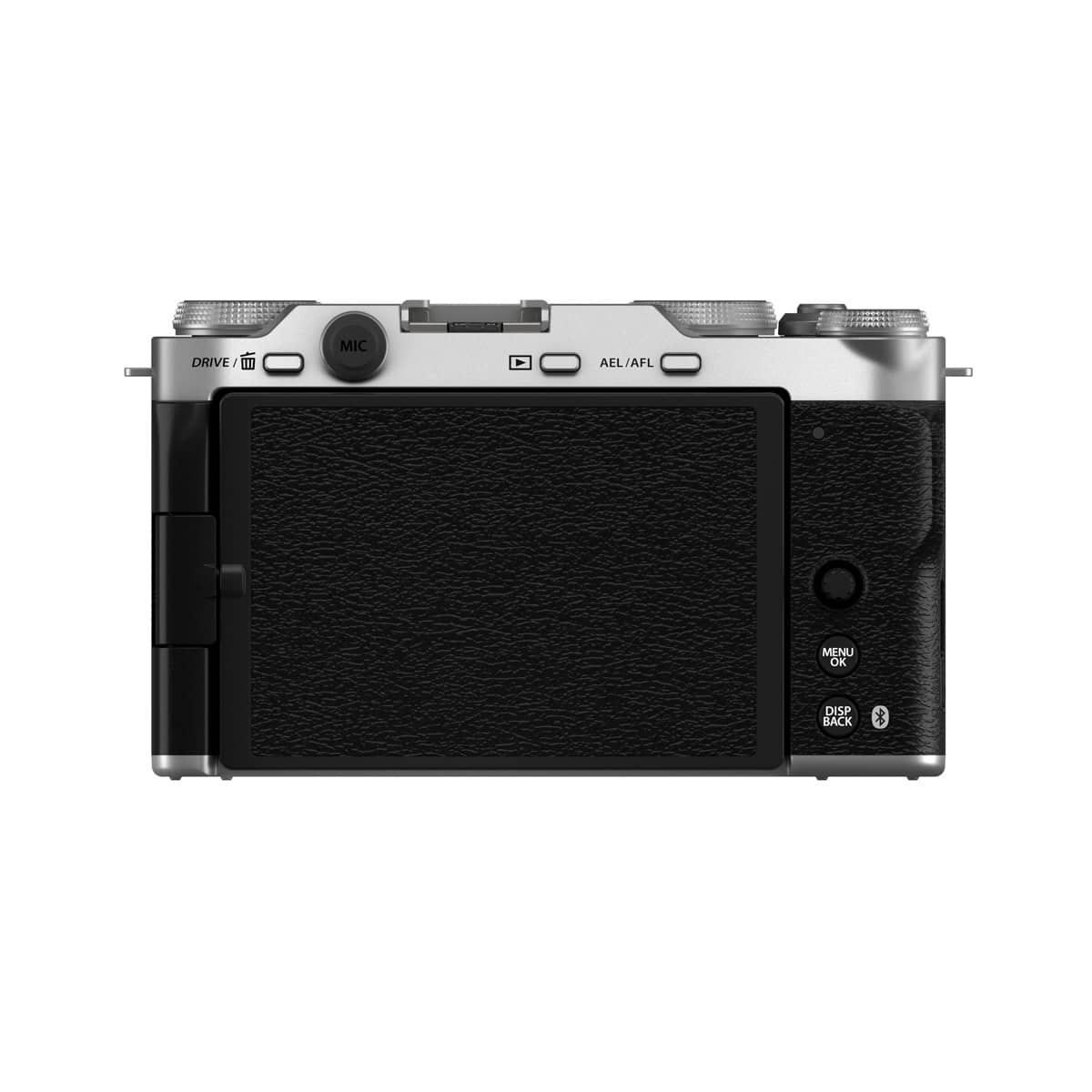 Rückseite der Fujifilm X-M5 Kamera mit schwarzen Griffen und Bedienelementen.