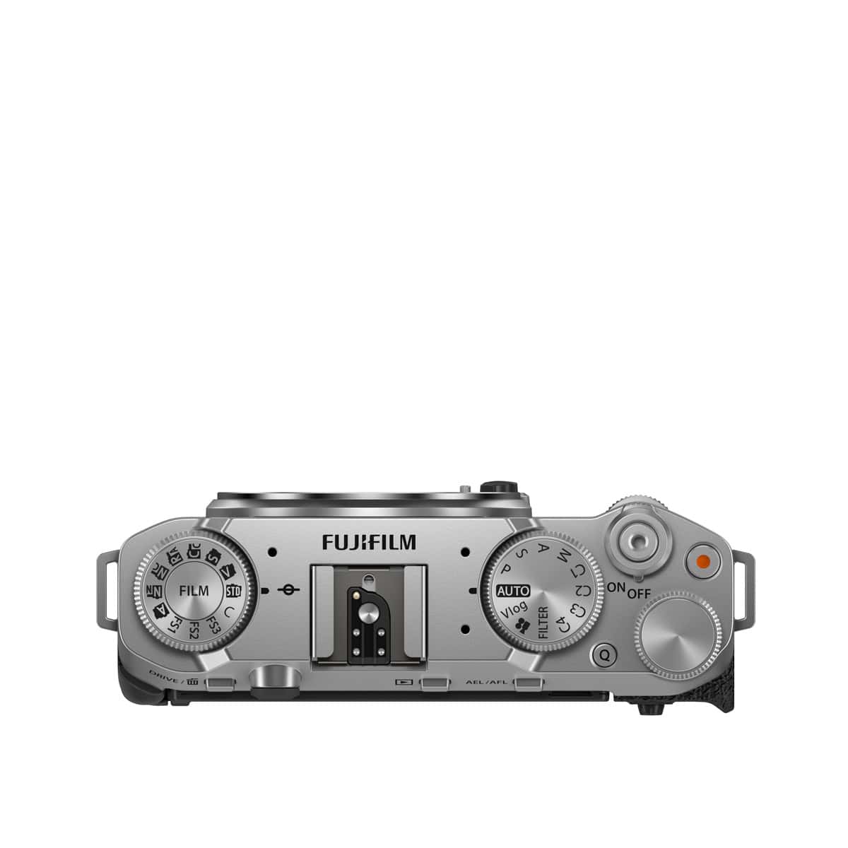 Fujifilm X-M5 Gehäuse in Silber, Nahaufnahme von oben.