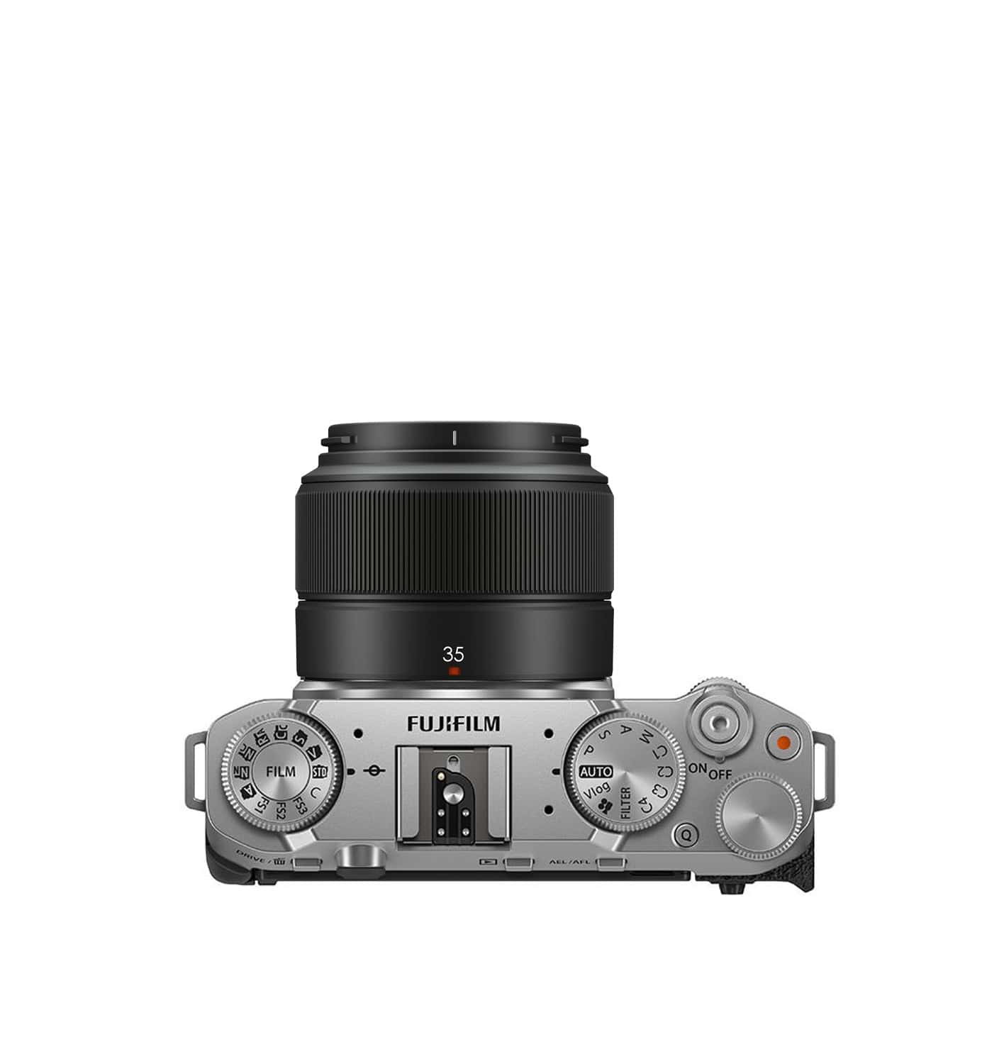 Fujifilm X-M5 Kamera mit XC 35mm F2 Objektiv in Silber.